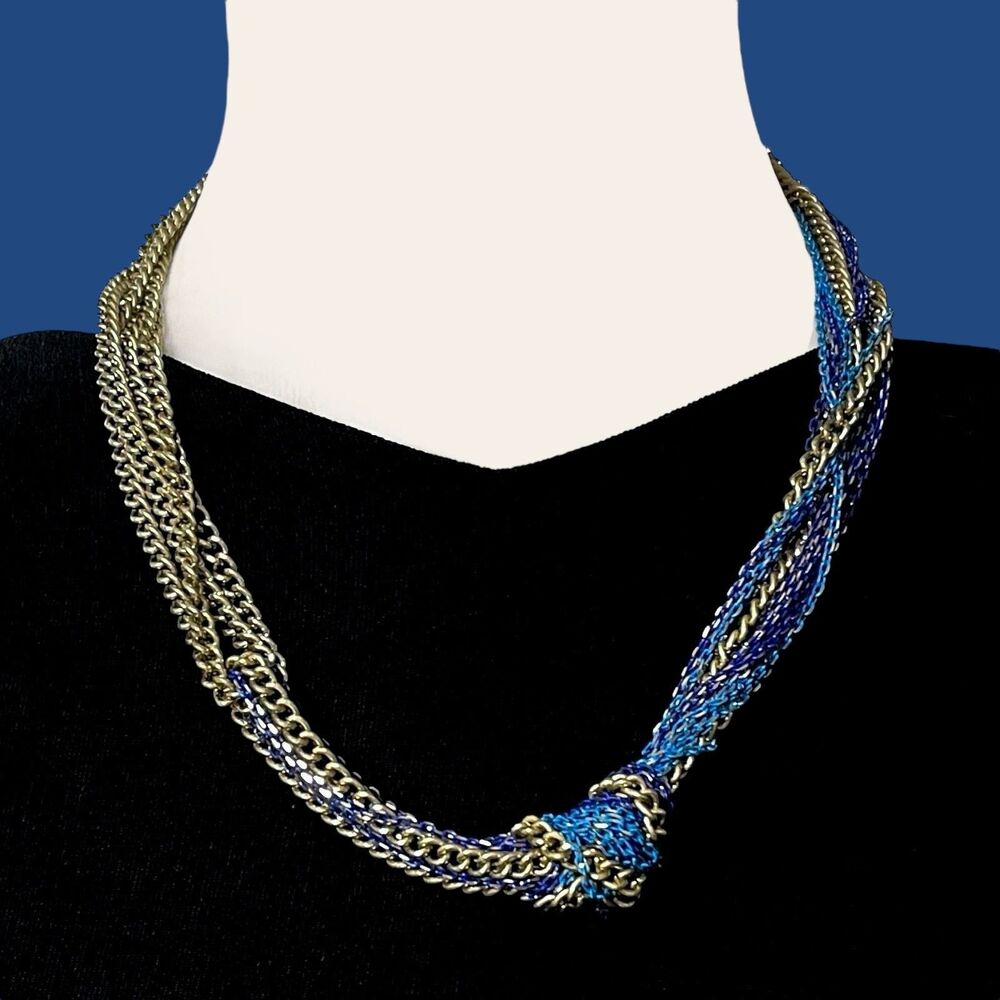 Kenneth Cole Necklace Knotted Chains Multi Color Antiqued Gold Tone Blue Metal